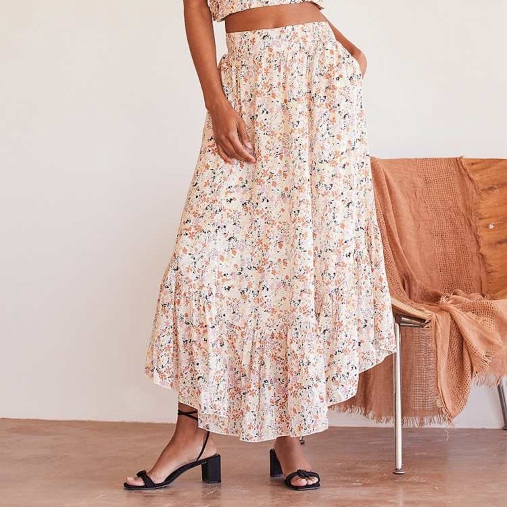 Free People Pretty Daze Ivory Floral Print Maxi Skirt